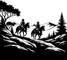Cowboy Horse Ride in Mountain Wilderness &ndash; Western Vector Illustration