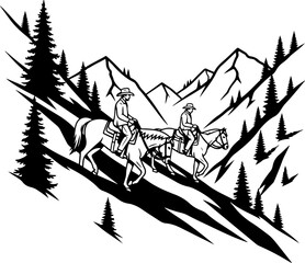 Cowboy Horse Ride in Mountain Wilderness &ndash; Western Vector Illustration