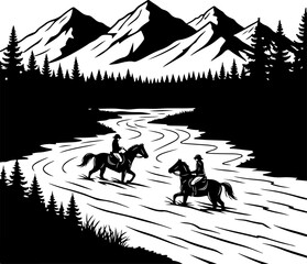 Cowboy Horse Ride in Mountain Wilderness &ndash; Western Vector Illustration