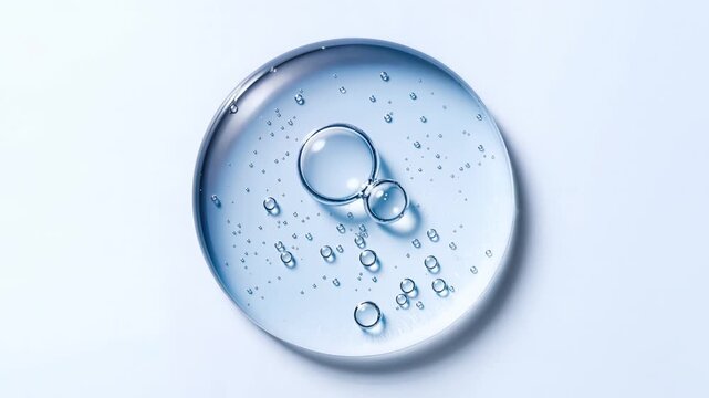 Blue hydrating serum droplet with microbubbles on clean background