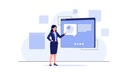 Businesswoman presenting data analytics on digital screen with pie chart, modern illustration