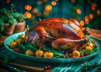 a turkey on a platt with a bunch of fruit