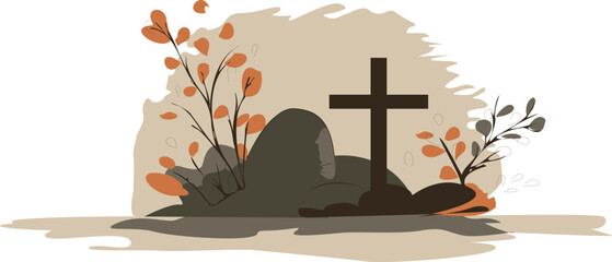 Grave with cross and autumn plants, cemetery memorial vector illustration