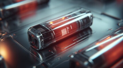 Futuristic glowing cylindrical data storage modules with digital readouts on a metallic surface