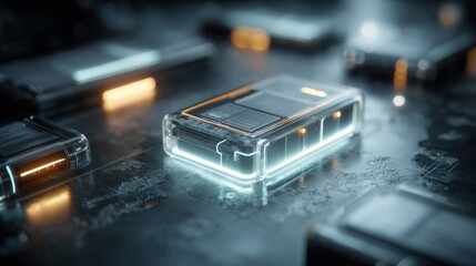 Close up of futuristic glowing electronic devices on a dark textured surface