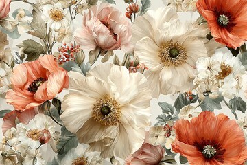 Elegant, chic, vintage watercolor seamless repeating pattern featuring cream-colored daisies, light pink poppies, small white blossoms, and vibrant orange floral accents