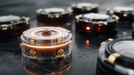 Futuristic cylindrical devices with glowing orange light rings and gold accents sit on a dark reflective surface