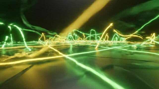 Abstract animated motion graphics featuring glowing green and yellow light lines rhythmically pulsing and bouncing across a dark stylized surface magic, ghost, bouncing