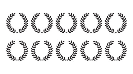 A set of black and white laurel wreaths in line art style on a white background