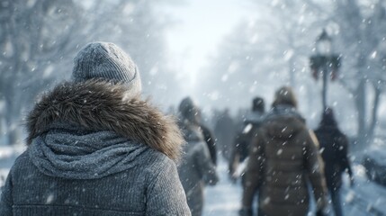 Winter wonderland cozy people in jackets and scarves walking through snowy streets urban setting captured in gigapixel detail