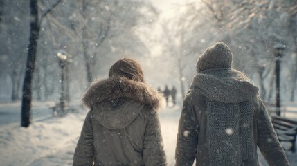 People enjoying a winter walk in cozy jackets and scarves snowy park gigapixel image tranquil atmosphere scenic view