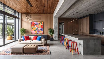 Modern open-plan living and kitchen area with colorful accents and natural materials
