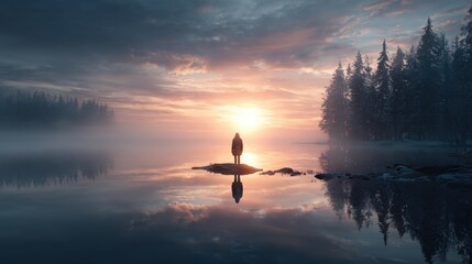 Person watching sunrise over calm lake in january serene landscape nature photography tranquil environment dreamy viewpoint