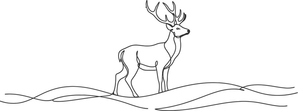 Minimalist line art illustration of a deer standing on rolling hills with antlers