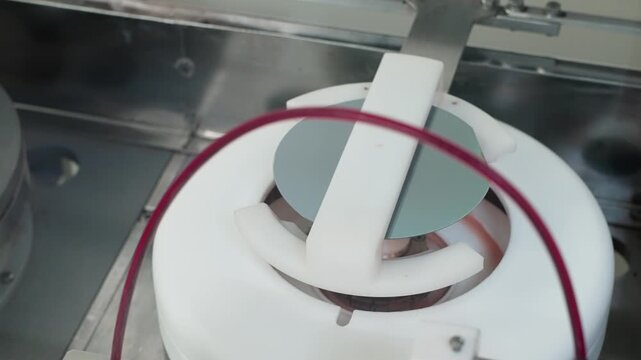 Close-up sequence of semiconductor wafer processing in a cleanroom, showing a silicon wafer on a spinning fixture and precision mechanical components with a gauge during surface treatment