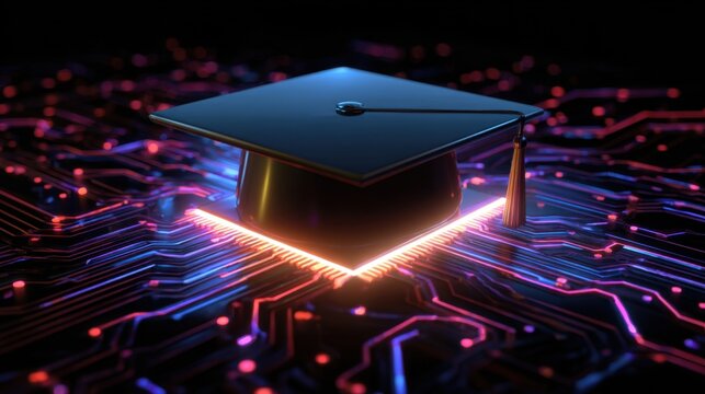 Graduation cap resting on a glowing circuit board with blue and pink light trails - Powered by Adobe