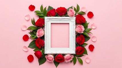 Beautiful floral arrangement around white picture frame on pink background