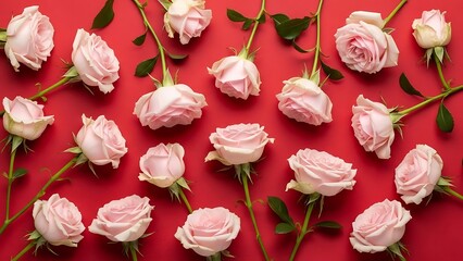 Pink roses scattered on a vibrant red background with green leaves