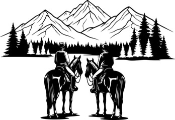 Cowboy Horse Ride in Mountain Wilderness &ndash; Western Vector Illustration
