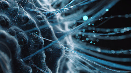 Digital network fiber optic blue abstract, glowing data cable strand connection, futuristic technology background energy flow motion