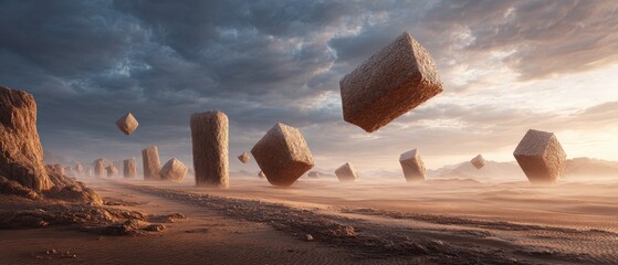 Surreal floating cubes and gigapixels in a dreamlike desert landscape breathtaking visuals artistic photography scenic perspective