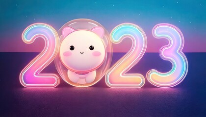 Year of the Rabbit 2023 - Cute Bunny with Neon Numbers.