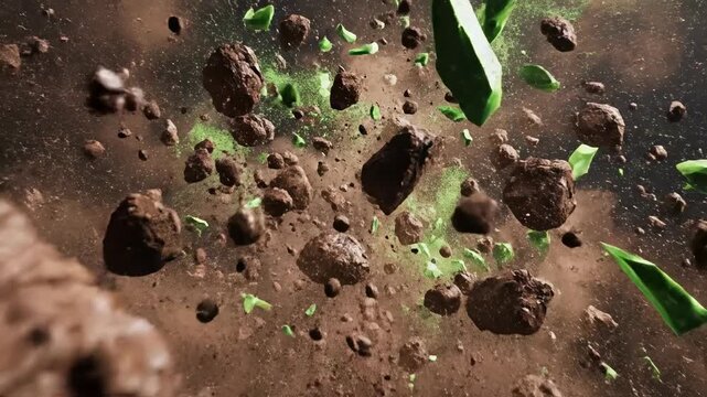 Abstract animation of brown soil clumps and sharp green plant fragments bursting outward and scattering in a weightless slow motion explosion seamless, explosion, background