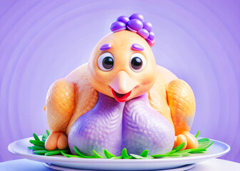 a toy bird sitting on a plate with a purple bow on its head