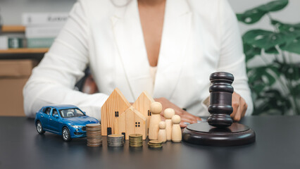 Professional business woman in blue suit using laptop for virtual meeting. Concept of digital marketing strategy, online training and communication with icons on white background copy space.