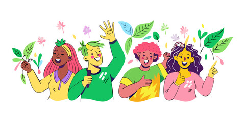 Naklejka premium A group of diverse environmental activists in a playful hand-drawn doodle style. Incorporating leaf motifs and green color palettes mixed with bright pinks and yellows. Enthusiastic expressions, messy