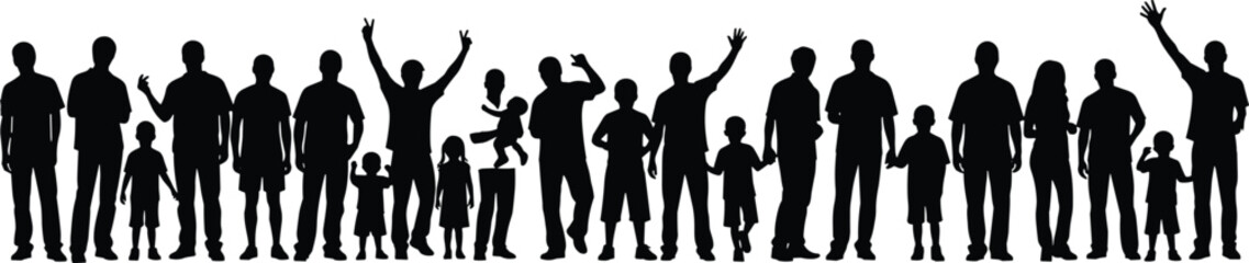 Silhouette, diverse people, family, children, adults, unity, inclusion, standing together, holding hands, waving, black figures, social interaction, diversity, group, posture, relationships, 