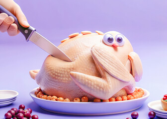 a person cutting a turkey on a plate