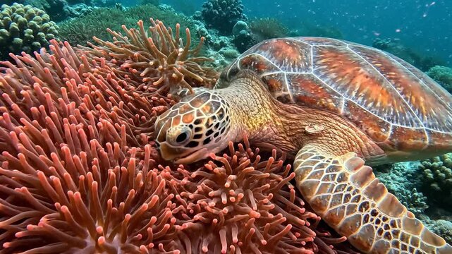Loggerhead Sea Turtle Nestles in Coral Anemone Habitat