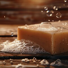 realistic photo of a soap bar with small foam bubbles on surface, natural wooden background