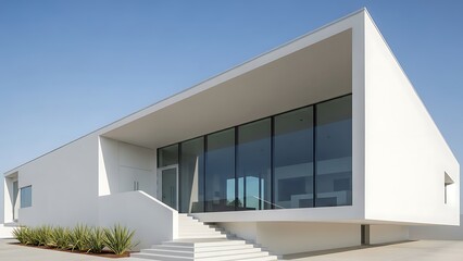 Modern white house with large windows and staircase outside