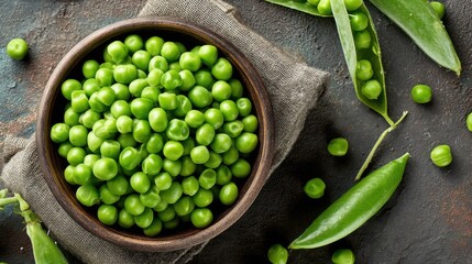 Fresh green peas in rustic wooden bowl with linen napkin on dark rustic surface.