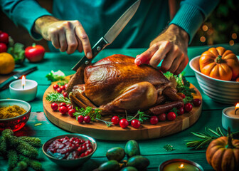a person cutting a turkey on a wooden board