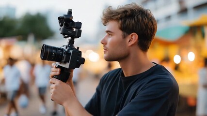 A travel vlogger walking through a busy market with a compact gimbal-mounted camera, capturing stable footage while colorful stalls and crowds blur dynamically in the background — content creation,