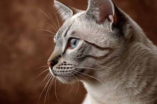 Portrait of a cute colorpoint shorthair cat while standing against soft brown background.