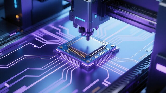 A futuristic microchip being assembled by a robotic arm on a glowing circuit board, expressed as advanced technology and innovation or Used for tech, engineering, and digital transformation.