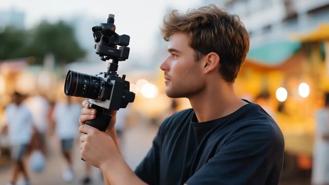 A travel vlogger walking through a busy market with a compact gimbal-mounted camera, capturing stable footage while colorful stalls and crowds blur dynamically in the background &mdash; content creation,