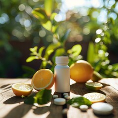 realistic photo of a vitamin bottle on a wooden table outdoors, morning sunlight natural aesthetic
