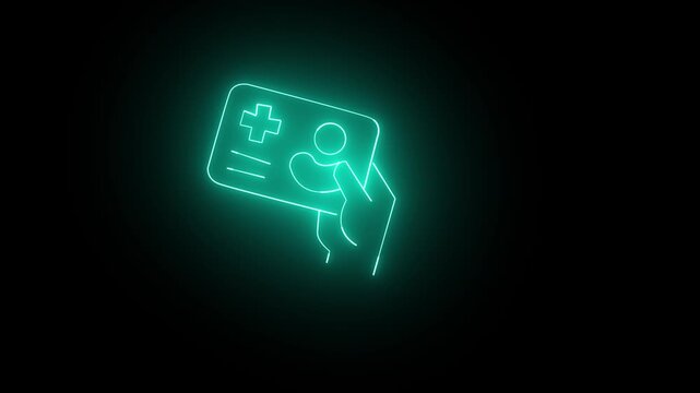A projects a glowing blue health security insurance card with medical icons above the screen. healthcare access.