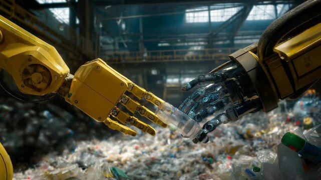 A modern recycling facility where robotic arms sort plastics by type and color under AI-guided sensors &mdash; advanced recycling technology, circular resource management, and high-tech waste sorting