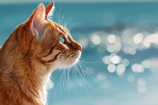 Portrait of a cute cheetoh cat on serene seaside background.