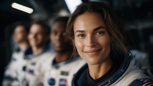 A multicultural team of astronauts floating in a spacecraft module, each patch on their suit representing a different nation &mdash; international space collaboration, shared scientific mission, and