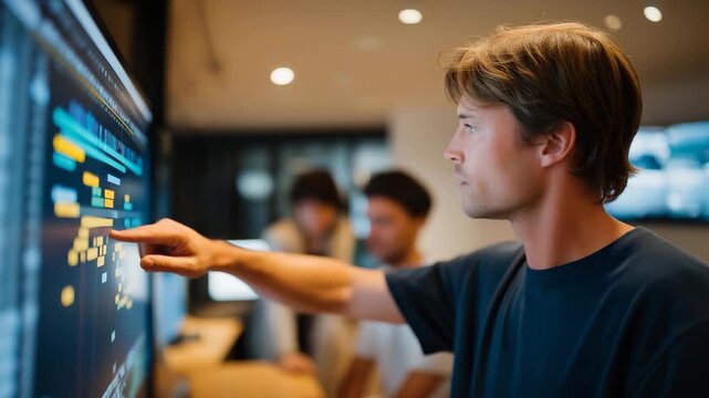 A project manager highlighting key tasks on a digital timeline while team members gather around, reviewing color-coded deadlines and shifting priorities &mdash; modern project planning, workflow clarity,