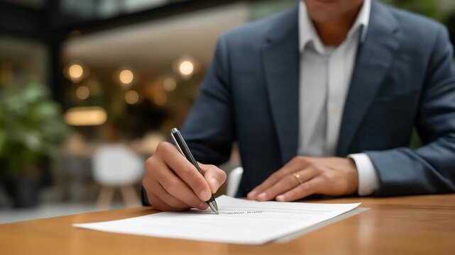 A real estate agent showing quiet pride while reviewing a signed contract at a modern office desk, soft afternoon light reflecting off glossy paperwork &mdash; professional achievement, career growth,