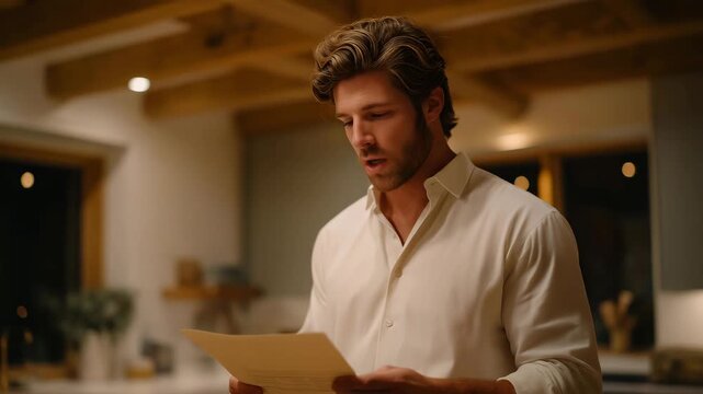 A real estate agent showing subtle anxiety while double-checking documents before a big open house, standing alone in a quiet kitchen with thoughtful concentration &mdash; authenticity, behind-the-scenes