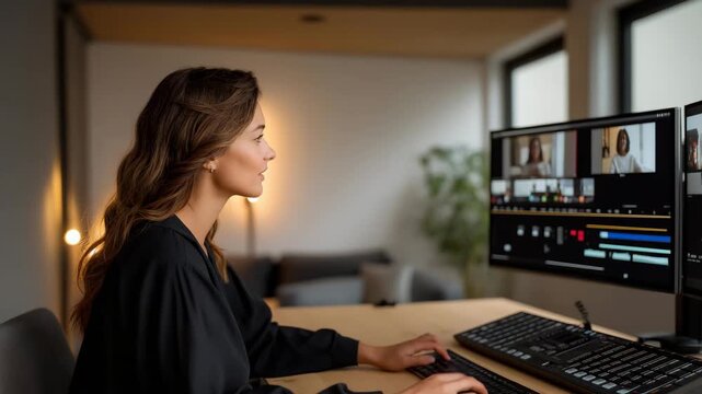 A remote simultaneous interpreter working from a home studio with soundproof foam panels, ring light, and a dual-monitor setup &mdash; digital language services, virtual interpreting technology, and